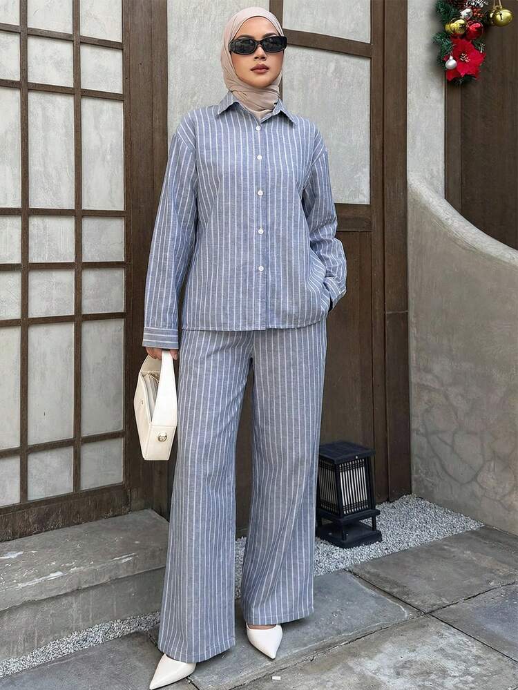 Blue Striped Long Shirt And Straight Leg Pants 2 Pieces Set, Casual For Spring And Summer