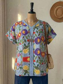 Rusticease Plus Size Blue Floral Print Batwing Sleeve Casual Vacation Summer Boho Top For Women, Spring Festival Holiday, Country Style - Multicolor - View 5