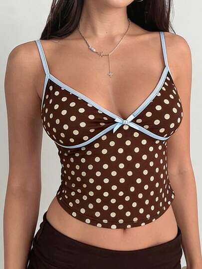 Rina Fox Women's New Camisole, Spring/Summer New Arrival Camisole, Sexy Low-Cut Polka Dot Spaghetti Strap Top, French Casual Beige Polka Dot Print Camisole, Sexy Contrast Color Polka Dot Print Top, Cute Sexy Beige Camisole, Retro Contrast Color Tight Camisole, Beige Basic Sexy Camisole, Suitable For Daily Wear, Outings, Shopping, Parties, Vacations, Summer Camisole, Layering Basic Top