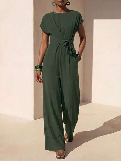 Zivah 2026 Spring/Summer New Music Festival, St. Patrick's Day, Valentine's Day, Date, Western, Nomadic Style, Birthday Party, Graduation Season, College Style, Student Wear, Daily Casual, Basic Versatile, Leisure, Cruise Travel, Beach, Sunbathing, Viral , Streetwear, Wedding Guest, Boho, Commuter, Brunch, Airport, Party, Holiday Outings, Office Wear, Leisure Vacation, Vintage Style Sleeveless Halter Linen Jumpsuit