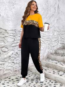 SHEIN LUNE Conjunto informal de 2 piezas de camiseta de manga corta y pantalones con estampado de leopardo y parches para mujer de talla grande - Multicolor - Ver 3