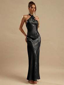 SHEIN BAE Gold Textured Backless Dress, Elegant Long For Women, Summer Nightclub Party, Brunch, Wedding Guest, Bridesmaid, Vacation Beach,Summer Dresses - Black - View 1