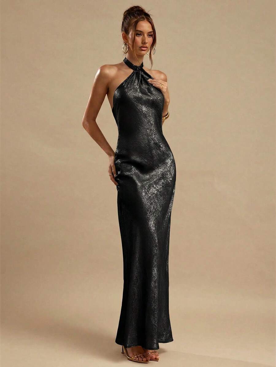 SHEIN BAE Gold Textured Backless Dress, Elegant Long For Women, Summer Nightclub Party, Brunch, Wedding Guest, Bridesmaid, Vacation Beach,Summer Dresses - Black - View 1