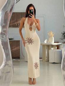 Aloruh Đầm cưới mùa xuân/hè mới, đầm dạ hội thanh lịch gợi cảm kiểu cổ yếm khoét eo đính kim loại trang trí, ôm sát dáng người, họa tiết mặt trời, đầm dài chống nắng cho nữ, đầm nghỉ dưỡng, đầm cổ yếm, trang phục đi biển cho nữ. - Màu be - Xem 5