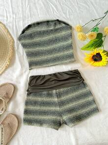 SHEIN Tween Girls' Sage Green Casual Summer Holiday Vacation Ribbed Striped Cropped T-Shirt And Shorts 2-Piece Set,Boho Holiday Outfits 2 Piece Set - Green - View 2