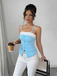 Franclia Contrast Color Strap Women's Tank Top, Button Decor Strap Women's Tank Top - Blue - View 5