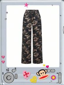 Paul Frank X ROMWE Spring Carnival Y2K Kpop Streetwear Monkey Embroidery Baggy Camo Loose Fit Super Low Waist Jeans - Army Green - View 1