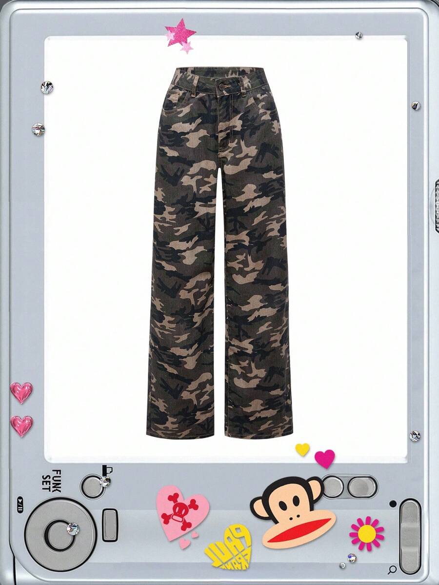 Paul Frank X ROMWE Spring Carnival Y2K Kpop Streetwear Monkey Embroidery Baggy Camo Loose Fit Super Low Waist Jeans - Army Green - View 1