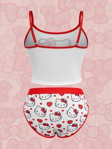HELLO KITTY AND FRIENDS | SHEIN 女士卡通印花吊带文胸套装 - 紅白色 - 查看 2