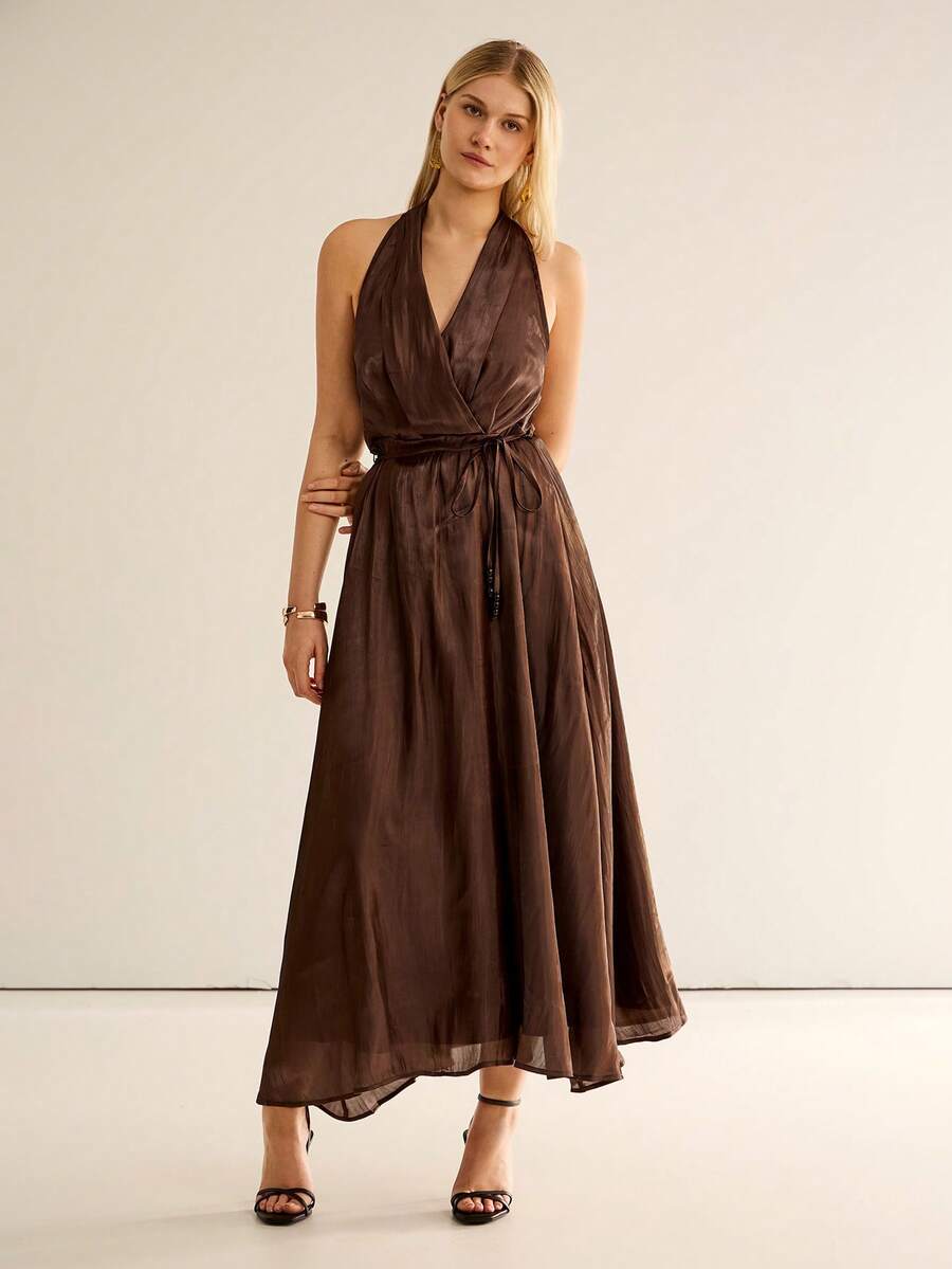 CielaLinda Đầm maxi satin cổ yếm cho nữ, màu nâu, đính hạt. - màu nâu - Xem 1