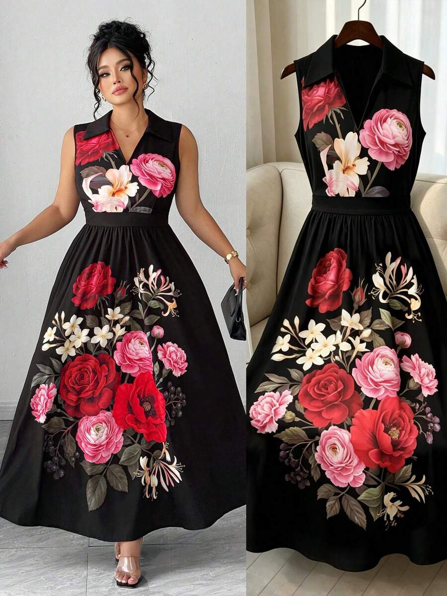 Elenzga Vestido Elegante Preto Plus Size com Estampa Floral de Verão, Sem Mangas, Cintura Marcada, Decote em V, Corte em A, Estilo Retrô Francês Minimalista para Convidada de Casamento - Preto - Visão 1