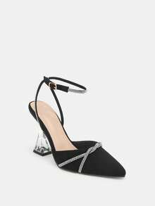 Glitzique 2025秋冬女士高跟鞋休闲镂空水钻派对高跟鞋透明粗跟黑白鞋，优雅尖头鞋 - 黑色 - 查看 6