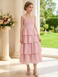 Pitira Tween Girls Summer Elegant Soft Pink Ruched Strap Double-Layer Flounce Hem Maxi Dress,French Fairy Princess Dress For Party,Holiday,Wedding&Birthday - Pink - View 3