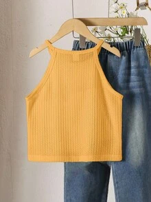 Girls' Vacation Beach Countryside Summer Crochet Lace Halter Crop Top - Yellow - View 2