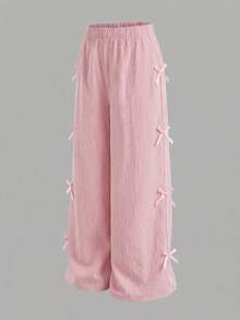 SHEIN Tween Girls Ribbon Bow Decor Loose Fit Black Casual Pants, Versatile Streetwear - Pink - View 4
