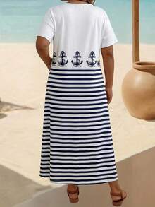 EMERY ROSE 大码V领短袖印花优雅宽松连衣裙，感恩节女士长款套装 - 彩色 - 查看 2