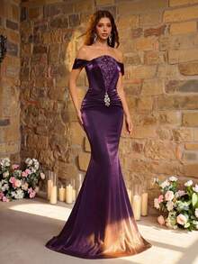 Glamrae 优雅奢华串珠刺绣开衩美人鱼款奶油色缎面不对称腰身束腰连衣裙，适合节日、婚礼、晚宴、音乐会、商务活动、网红活动等场合。 - 紫色 - 查看 10