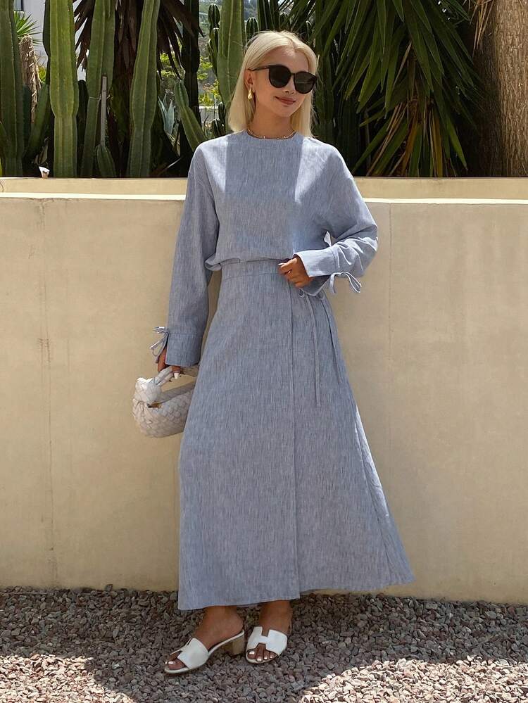 Women's Elegant Loose Casual Pullover Shirt And Long Skirt 2 Pieces Set, Spring/Summer Lounge Sets For Women