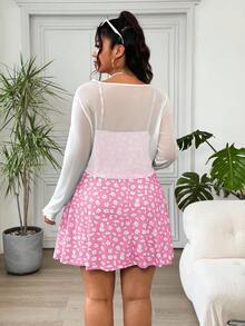 Solflare Conjunto de 2 piezas: Cárdigan blanco transparente de manga larga talla grande + Vestido de tirantes con estampado floral rosa - Rosa - Ver 2