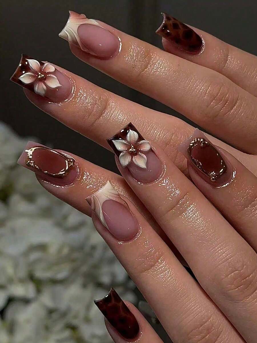 10 Pieces Y2K Gradient Amber Square Metal Texture Gilded Handmade French Manicure 3D Carved Wearable Press On Nails High End Versatile Daily Wear For Women Nail Art Supplies False Nails Home Salon Gift - Brown - View 1