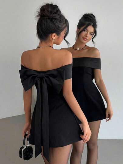 Aloruh Off-Shoulder Black & White Bow Tie Dress, Valentine's Day