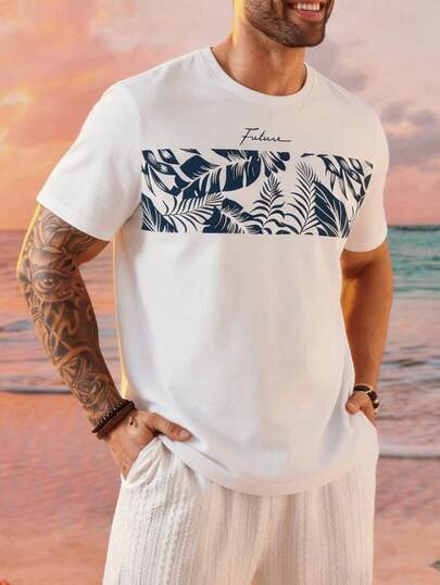 EASEVO Plus Size Men's Casual Botanical Print Short Sleeve T-Shirt, Summer