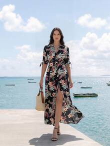 Briarwyn Đầm dài cổ bẻ thắt eo in họa tiết hoa nhiệt đới mới dành cho nữ - Nhiều màu - Xem 1