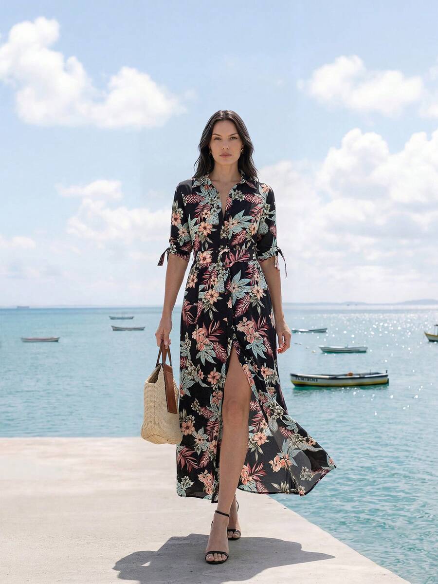 Briarwyn Đầm dài cổ bẻ thắt eo in họa tiết hoa nhiệt đới mới dành cho nữ - Nhiều màu - Xem 1