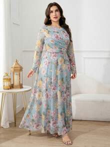 Modelyn Đầm dài tay phồng dáng suông cổ tròn họa tiết hoa vintage dành cho nữ cỡ lớn, chất liệu chiffon, thích hợp dự tiệc, cưới, dạ hội, dạ tiệc. - Màu xanh lam - Xem 2
