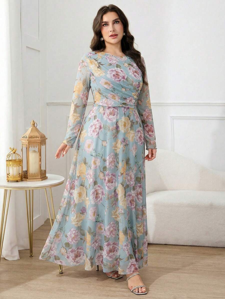 Modelyn Đầm dài tay phồng dáng suông cổ tròn họa tiết hoa vintage dành cho nữ cỡ lớn, chất liệu chiffon, thích hợp dự tiệc, cưới, dạ hội, dạ tiệc.