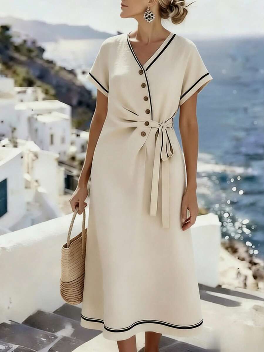 SHEIN Holidaya 优雅短袖纽扣细节中长裹身连衣裙，轻盈V领系腰裹身连衣裙，适合春夏穿着，简约V领裹身连衣裙，适合办公室通勤，时尚裹身连衣裙，适合工作、度假和下午茶，简约优雅，适合毕业典礼、告别派对和其他正式场合。 - 杏色 - 查看 1