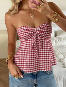 SHEIN CovetEZ 女士格子扭褶休闲百搭抹胸上衣，适合约会和外出穿着 - 紅白色 - 查看 7