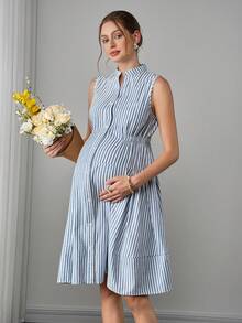 Momance Đầm sơ mi không tay kẻ sọc, eo chun, phong cách tối giản mùa hè - Xanh và trắng - Xem 4