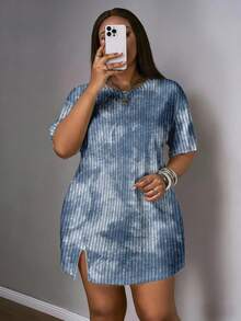 Slaydiva Tie-Dye Textured Plus Size Women Short Sleeve Dress, Suitable For Music Festivals - Multicolor - View 3