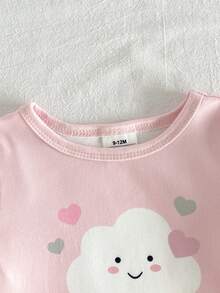 Genkimix Kids 2-Piece Baby Girls Ribbed Knit Pajama Set,Bunny & Cloud Graphic Print,Light Pink,Summer,Cute,Graphic,Holiday,Short Sleeve Top & Long Pants,Snug Fit - Pink - View 9