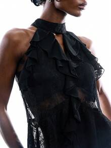 LYSMO 女士荷叶边露背性感百搭上衣，适合约会和外出穿着 - 黑色 - 查看 8