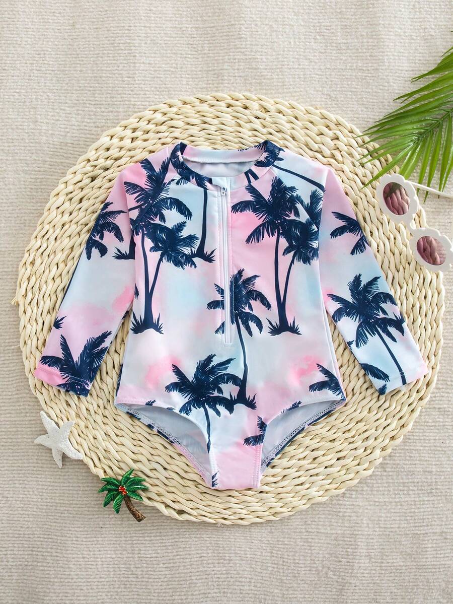 SHEIN Bộ đồ bơi liền thân in hình cây cọ dễ thương cho bé gái với tay áo raglan, đồ bơi dài tay cho bé gái, đồ bơi dài tay cho bé gái, đồ bơi dài tay cho bé gái, đồ bơi dài tay mùa hè cho bé gái, kỳ nghỉ hè. - Nhiều màu - Xem 1