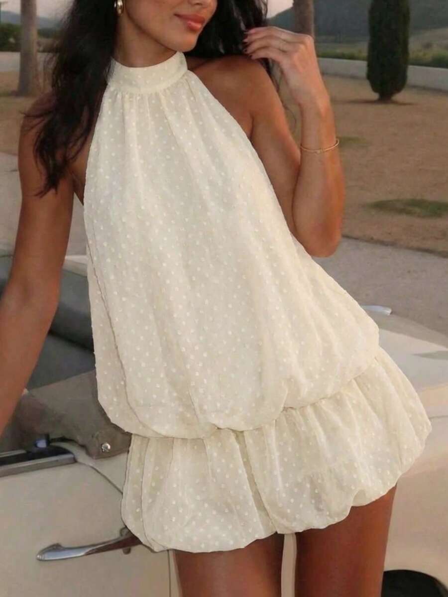 Opulessa Đầm ngắn cổ yếm thời trang nữ với viền hoa. - Màu be - Xem 1