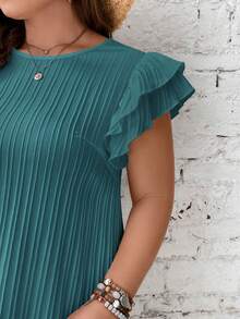 SHEIN Frenchy Plus Size Women's Solid Color Round Neck Ruffle Short Sleeve Casual Dress - Olive Green - View 6