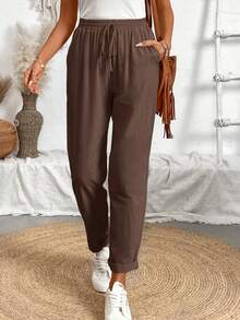 EMERY ROSE Solid Color Simple Design Front Tie Casual Pants, Suitable For Daily Wear - Coffee Brown - View 3