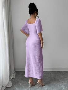 Modelyn Women's Metal Buckle Color Block Ruffle Collar Petal Sleeve Fitted Elegant Dress, Spring/Summer - Purple - View 2