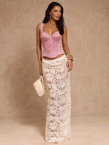 SHEIN Glamour Áo hai dây ren ôm sát gợi cảm dành cho nữ, cổ chữ V, dây bản rộng, đường may xương cá. - Hồng - Xem 7