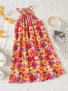 SHEIN Vestido halter de gasa con estampado floral diminuto para niñas preadolescentes de vacaciones - Multicolor - Ver 6