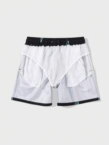 Manfinity Swimmode 男士抽绳松紧腰宽松休闲沙滩短裤，夏季 - 黑色 - 查看 5