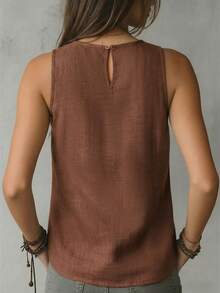 Balvessa Áo kiểu nữ màu nâu cà phê không tay, họa tiết thêu, thích hợp mặc thường ngày. - Cà phê nâu - Xem 2