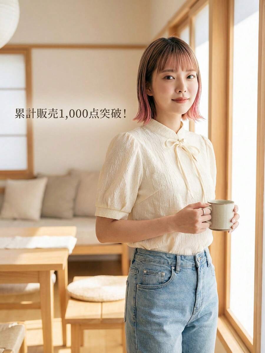 Dazy Star Women's Tie Front Stand-up Collar Puff Sleeve Shirt - White - View 1