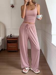 DAZY 春夏度假套装，粉色吊带翻领上衣搭配松紧腰休闲裤两件套，女士 - 粉色 - 查看 5