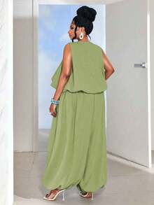 Maweii Plus Size Women Solid Color Round Neck Peplum Top And Loose Pants 2 Pieces Set - Green - View 2