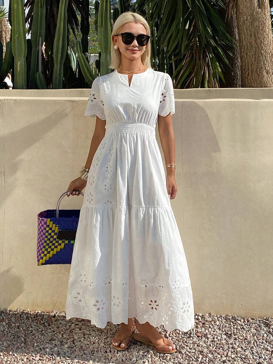 DAZY Vestido blanco de algodón de estilo elegante y casual para vacaciones, primavera y verano - Blanco marfil - Ver 1