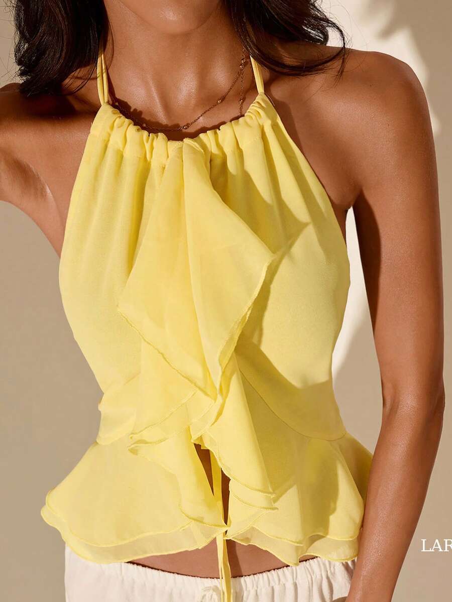 SHEIN Glamour Áo sơ mi voan đi nghỉ mát, viền bèo nhún voan, áo nữ, áo kiểu cổ yếm hở lưng màu vàng chanh, áo peplum cổ yếm bèo nhún kiểu Y2K, áo crop top voan mỏng cổ yếm, áo màu vàng pastel bèo nhún cho bữa brunch Phục Sinh, áo cổ yếm bèo nhún cho kỳ nghỉ xuân, áo cổ yếm và peplum thanh lịch, áo cổ yếm voan mỏng gợi cảm cho buổi hẹn hò, trang phục đi biển cho kỳ nghỉ xuân, lễ hội Coachella, phong cách Boho Y2K, trang phục dự đám cưới mùa xuân, trang phục bèo nhún lãng mạn cho đêm tiệc, áo bèo nhún mỏng gợi cảm cho lễ hội mùa xuân, trang phục thẩm mỹ.
